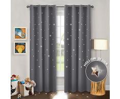 PONY DANCE Blickdichter Vorhang mit Ösen - Gardinen Kinderzimmer Hohle Sterne Vorhänge für Kinderzimmer/Schlafzimmer Gardine Ösenschal, 2er Set H 210 x B 132 cm, Grau