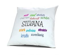 Kopfkissen mit Namen Silvana - Motiv Positive Eigenschaften, 40 cm, 100% Baumwolle, Kuschelkissen, Liebeskissen, Namenskissen, Geschenkidee, Deko