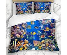 Bettwäschesets Aquatic Sea Aquarium mit verschiedenen Fischen Riff Schwimmen Wildlife Fish Nature Deep Underwater Life Mikrofaserbettwäsche mit 2 Kissenbezügen