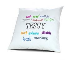 Kopfkissen mit Namen Tessy - Motiv Positive Eigenschaften, 40 cm, 100% Baumwolle, Kuschelkissen, Liebeskissen, Namenskissen, Geschenkidee, Deko