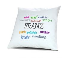Kopfkissen Franz, Kissen mit Füllung - Positive Eigenschaften, 40 cm, 100% Baumwolle, Kuschelkissen, Liebeskissen, Namenskissen, Geschenkidee