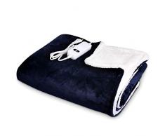 Navaris XXL Elektrische Poncho Heizdecke - 180x130cm 3 Wärmestufen Abschaltautomatik waschbar - Kuschelige Wärmedecke Dunkelblau Weiß