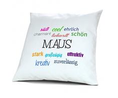 Kopfkissen Maus, Kissen mit Füllung - Positive Eigenschaften, 40 cm, 100% Baumwolle, Kuschelkissen, Liebeskissen, Namenskissen, Geschenkidee