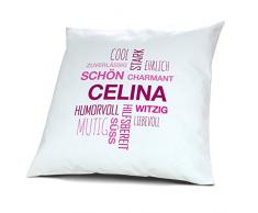 Kopfkissen mit Namen Celina - Motiv Positive Eigenschaften Tagcloud Pink, 40 cm, 100% Baumwolle, Kuschelkissen, Liebeskissen, Namenskissen, Geschenkidee