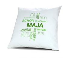 Kopfkissen mit Namen Maja - Motiv Positive Eigenschaften Tagcloud Grün, 40 cm, 100% Baumwolle, Kuschelkissen, Liebeskissen, Namenskissen, Geschenkidee