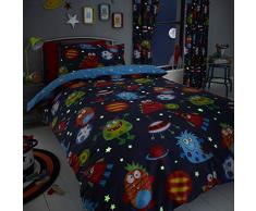 Happy Linen Company Kinder Bettwäsche-Set - Weltall-Motiv mit Monstern & Planeten - leuchtet im Dunkeln - wendbar - Blau - Einzelbett