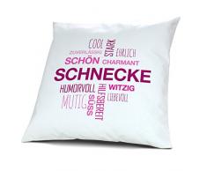 Kopfkissen mit Namen Schnecke - Motiv Positive Eigenschaften Tagcloud Pink, 40 cm, 100% Baumwolle, Kuschelkissen, Liebeskissen, Namenskissen, Geschenkidee