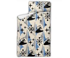 Mid Century Modern Cosmic Bumerang Kinder-Nickerchenmatte mit angenähtem Kissen und Decke, Schwarz / Blau / Grau