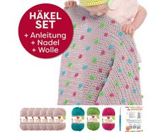 myboshi Häkel-Set Babydecke Pünktchen | aus No.2 | Anleitung + Wolle | mit Häkelnadel | Baby-Decken-Häkel-Set | Hautfarbe Limettengrün Magenta Türkis