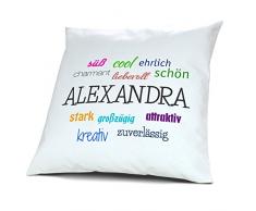 Kopfkissen mit dem Namen Alexandra, Kissen mit Füllung - Positive Eigenschaften, 40 cm, 100% Baumwolle, Kuschelkissen, Liebeskissen, Namenskissen, Geschenkidee