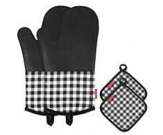 esonmus Ofenhandschuh Topfhandschuhe Hitzebeständige Silikon und Baumwolle 1 Paar und 2 Topflappen Schwarz