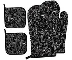 kissral Ofenhandschuhe, 1 Paar Ofenhandschuhe und 2 Topflappen aus Baumwolle, für Grillen, Kochen, Backen, Grillen, Mikrowelle, Ofenhandschuh, schwarz