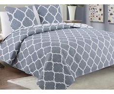 Zweiseitige Tagesdecke Bettüberwurf 3 Tlg. 220x240 cm+ 2 Kissenbezüge Tavira Grau Ecru Weiß- Meridian