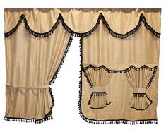 Adomo LKW Gardinen mit Bettvorhang für TGX XLX Fahrerhaus, beige-schwarz, Fransen 4cm.