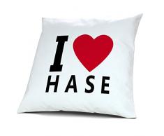 Kopfkissen Hase , Kissen mit Füllung I Love Hase , 40 cm, 100% Baumwolle, Kuschelkissen, Liebeskissen, Namenskissen, Geschenkidee