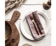 Leinen Servietten Lova altrosa mit Pompons (2er Set), Leinenservietten rosa, Stoffservietten boho, Servietten Stoff altrosa