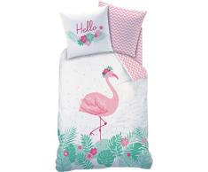 CTI Biber/Flanell Bettwäsche-Set Flamingo · Hello · Trendiger Flamingo Vogel/Tropical Blumen · Wende Motiv · rosa türkis - Kissenbezug 80x80 + Bettbezug 135x200 cm - 100% Baumwolle