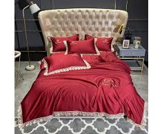 FJXJLKQS Bettwäsche 4er-Set Eisseide, Gewaschene Seide Mit Stickerei Und Spitzenkanten-Set, Geeignet Für Den Sommer,Red-Double200X230cm