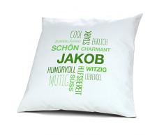 Kopfkissen mit Namen Jakob - Motiv Positive Eigenschaften Tagcloud Grün, 40 cm, 100% Baumwolle, Kuschelkissen, Liebeskissen, Namenskissen, Geschenkidee