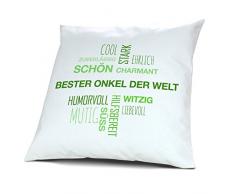 Kopfkissen mit Namen Bester Onkel der Welt - Motiv Positive Eigenschaften Tagcloud Grün, 40 cm, 100% Baumwolle, Kuschelkissen, Liebeskissen, Namenskissen, Geschenkidee