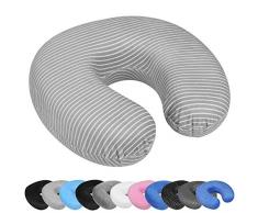 WELLGRO Nackenkissen mit abnehmbarem Bezug - Memory Schaum - Reißverschluss - inkl. Transportlasche - ca. 28 x 28 x 9 cm (LxBxH) - Reisekissen - Farbe wählbar, Farbe:Grau mit Streifen