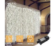 OMGAI LED Lichtervorhang 300 LEDs, 36V 6W, 3m x 3m Vorhang-Licht Mit 8 Modi Für Weihnachten, Neujahr, Partei, Hochzeit, Daheim Dekoration, Weiß