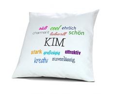 Kopfkissen mit dem Namen Kim, Kissen mit Füllung - Positive Eigenschaften, 40 cm, 100% Baumwolle, Kuschelkissen, Liebeskissen, Namenskissen, Geschenkidee