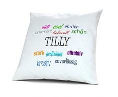 Kopfkissen mit Namen Tilly - Motiv Positive Eigenschaften, 40 cm, 100% Baumwolle, Kuschelkissen, Liebeskissen, Namenskissen, Geschenkidee, Deko