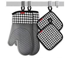 Ankway Ofenhandschuh und Topflappen Set, Topfhandschuhe Silikon Anti-Rutsch Hitzebeständige Silikon und Baumwolle, 1 Paar und 2 Topflappen Geeignet für Kochen Backen Grillen, Grau