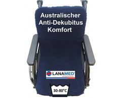 LANAMED 40 x 85 cm - Australische Antidekubitus Rollstuhlauflage für Sitz und Rücken. Dunkelblau. Ultra-dichter Schurwoll-Komfort mit einer Wollhöhe von ca. 3 cm. Bei 30-80° C maschinenwaschbar und trocknergeeignet. Mit Befestigungsbändern.