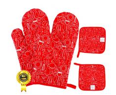 Sunshine smile ofenhandschuhe und topflappen Set,backhandschuhe,topfhandschuhe,ofenhandschuhe Baumwolle,backhandschuhe hitzebestaendig,kochhandschuhe,kaminhandschuhe ofenhandschuhe 4 Stück Set (Rot)