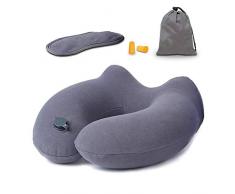 mixigoo Reise Nackenkissen, Reisekissen Ideal für Reisen Büro und Zuhause | Aufblasbares Weiches Nackenhörnchen | Orthopädisches Nackenstützkissen (Grau)