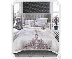 4 TLG. King Style Bettgarnitur Set Bettwäsche Bettbezug 2X Kissen,1x Bettdecke,1x Bettlaken aus Baumwolle & Seiden Stickereien Weiß Braun