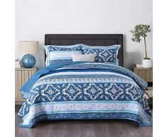 Qucover Tagesdecke Baumwolle Blau 220 x 240 cm, Gesteppt Bettüberwurf für Doppelbett, Steppdecke mit Kissen, Landhaus Stil Patchwork Bunte Boho