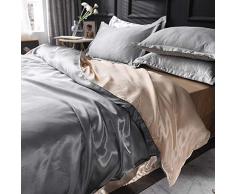 Lanqinglv Bettwäsche Set 135x200cm Grau Apricot Hellbraun Satin Wendebettwäsche Seide Seidig Wende Bettbezug mit Reißverschluss und Kissenbezug 80x80cm