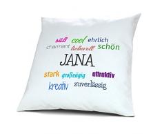 Kopfkissen mit dem Namen Jana, Kissen mit Füllung - Positive Eigenschaften, 40 cm, 100% Baumwolle, Kuschelkissen, Liebeskissen, Namenskissen, Geschenkidee