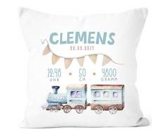 SpecialMe® personalisierbares Kissen zur Geburt, Geburtskissen für Jungen mit Zug, Namenskissen Geschenk Geburt Baby, Kissen-Bezug ohne Füllung weiß Unisize