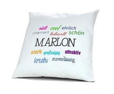 Kopfkissen mit dem Namen Marlon, Kissen mit Füllung - Positive Eigenschaften, 40 cm, 100% Baumwolle, Kuschelkissen, Liebeskissen, Namenskissen, Geschenkidee