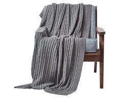 Homescapes gestrickte Tagesdecke, graue Wohndecke 150 x 200 cm, Strickdecke aus 100% Baumwolle mit Zopfmuster, ideal als Sofaüberwurf, Kuscheldecke, Plaid oder Babydecke, dunkelgrau