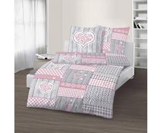 Träumschön Biber Bettwäsche 135x200 2tlg | Herz Bettwäsche Rosa im Wiesen Style | Bettbezug 135x200 cm & Kissenbezug 80x80 Set