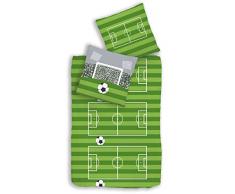 Ido Renforce Kinder Bettwäsche FUßBALL, Spielfeld & Tor in grün, grau 2 TLG. - Größe 80x80 + 135x200 cm - 100% Baumwolle