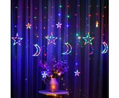 HEITIGN LED Lichterketten,3,5m Sterne Mond LED Vorhang Lichter 8 Modi String Lichtwechsel Licht Blinklicht Foto Wandleuchte für Girlande Hochzeit Dekorative Lampe Weihnachten Fenster Vorhang,Bunt