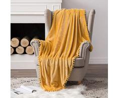 MIULEE Kuscheldecke Fleecedecke Flanell Decke Mit Pompoms Einfarbig Wohndecken Couchdecke Flauschig Überwurf Mikrofaser Tagesdecke Sofadecke Blanket Für Bett Sofa Schlafzimmer Büro 153x203cm Gelb