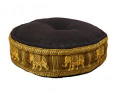 livasia Zafukissen Seide mit Kapokfüllung, Meditationskissen, Yogakissen, rundes Sitzkissen/Bodenkissen (Dunkelbraun-Gold/Elefanten)