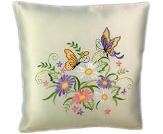 Kissenhülle 40x40 cm Creme Schmetterlinge Blüten Flieder Bunt Gestickt Kissenbezug mit Reißverschluss Zierkissen Frühling Sommer (Kissenhülle 40x40 cm)
