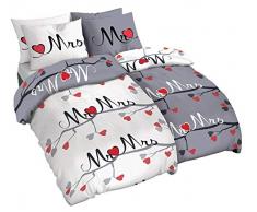 optidream 4 teilig Microfaser Partner Bettwäsche Mr. und Mrs. Weiss Grau Wende Optik, 2X 135x200 2X 80x80 cm