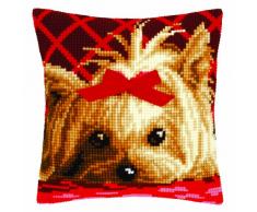 Vervaco Yorkshire mit Schleife Kreuzstichkissen/Stickkissen vorgedruckt, Baumwolle, Mehrfarbig, 40 x 40 x 0.3 cm