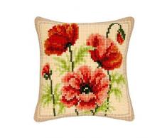 Vervaco Wilde Mohnblumen Kreuzstichkissen/Stickkissen vorgedruckt, Baumwolle, Mehrfarbig, 40 x 40 x 0.3 cm