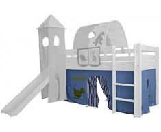 XXL Discount Vorhang 3-teilig 100% Baumwolle Stoffvorhang Bettvorhang inkl Klettband für Hochbett Spielbett Etagenbett Stockbett Kinderbett (Blau/Weiß, Dino)