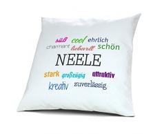 Kopfkissen mit dem Namen Neele, Kissen mit Füllung - Positive Eigenschaften, 40 cm, 100% Baumwolle, Kuschelkissen, Liebeskissen, Namenskissen, Geschenkidee
